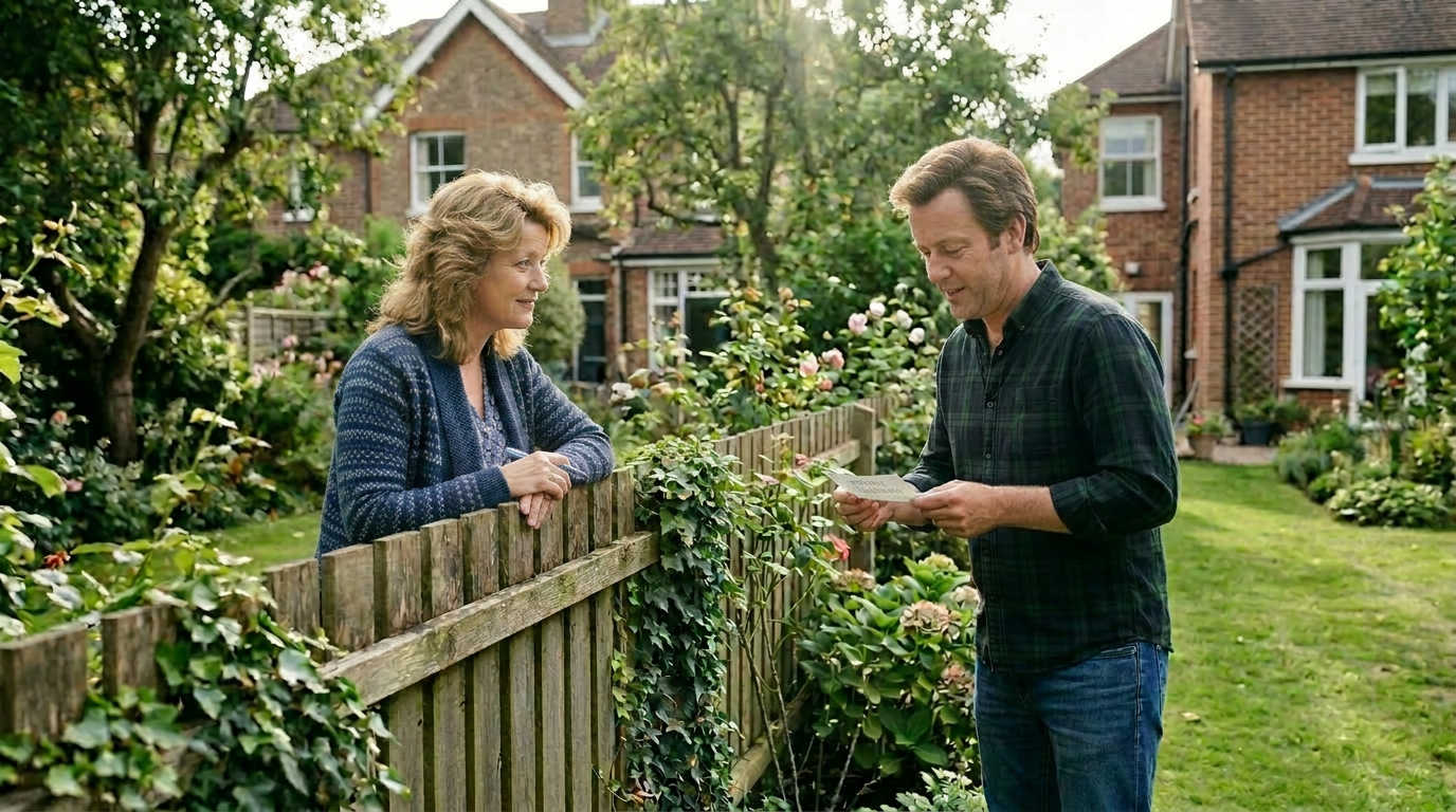 Man and woman exchanging a handwritten note over a garden fence