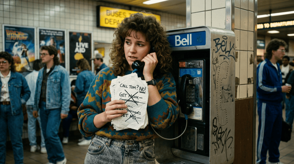 Woman talking on Bell payphone in subway, holding crossed-out notes