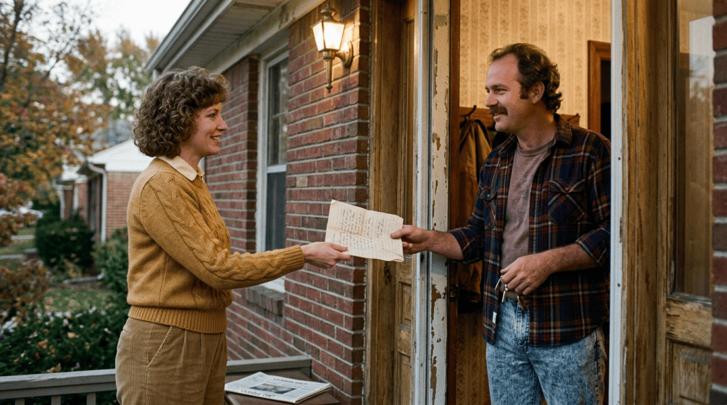 Woman giving a handwritten letter to a man standing at a front door