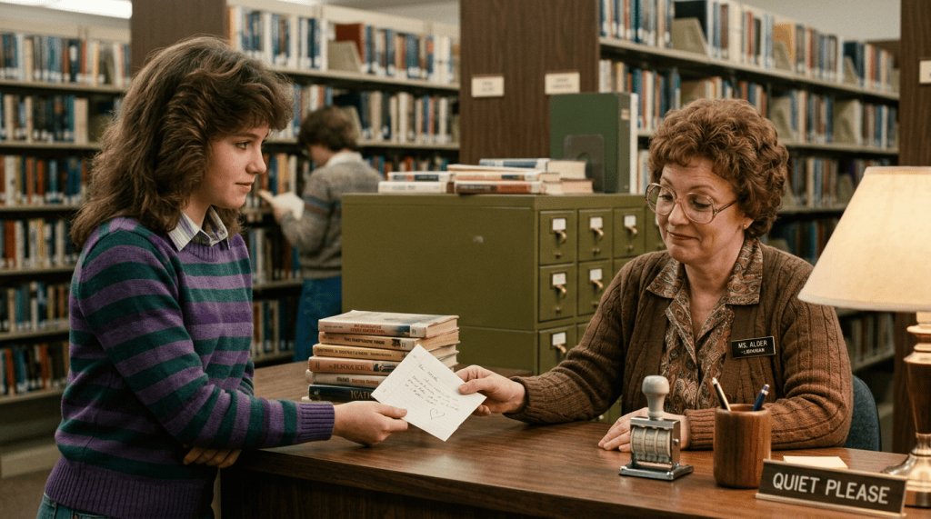 Young woman handing a library card to librarian at checkout desk