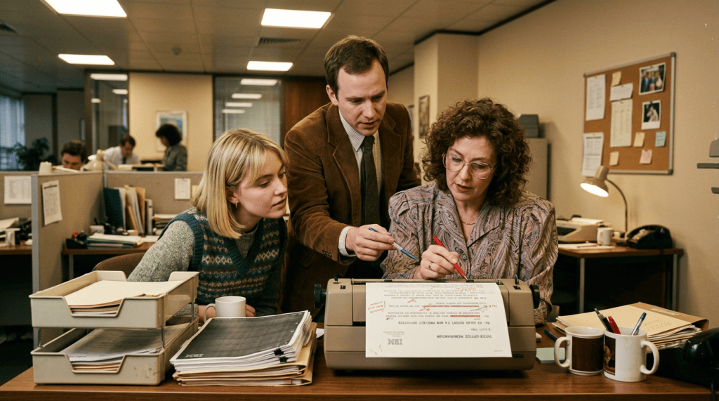 Three office workers reviewing and marking corrections on a typed document at a desk