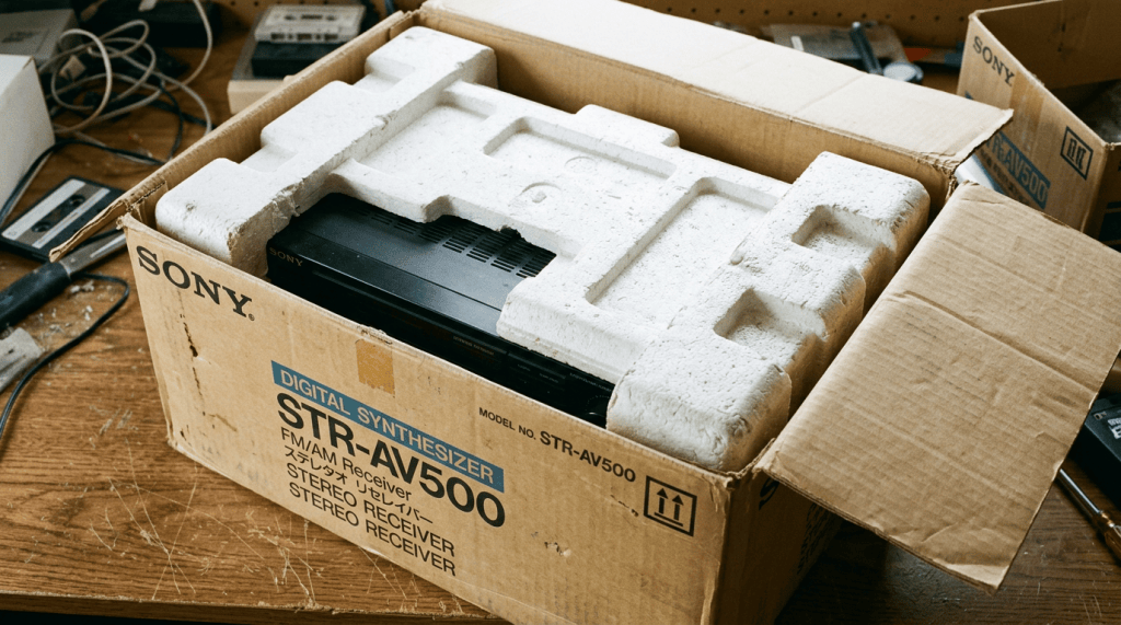 Sony STR-AV500 FM/AM stereo receiver partially unboxed in original cardboard with foam packaging