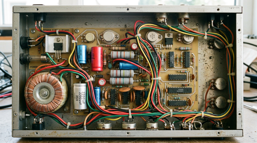 Vintage electronic circuit board with capacitors, resistors, wires, and transistors