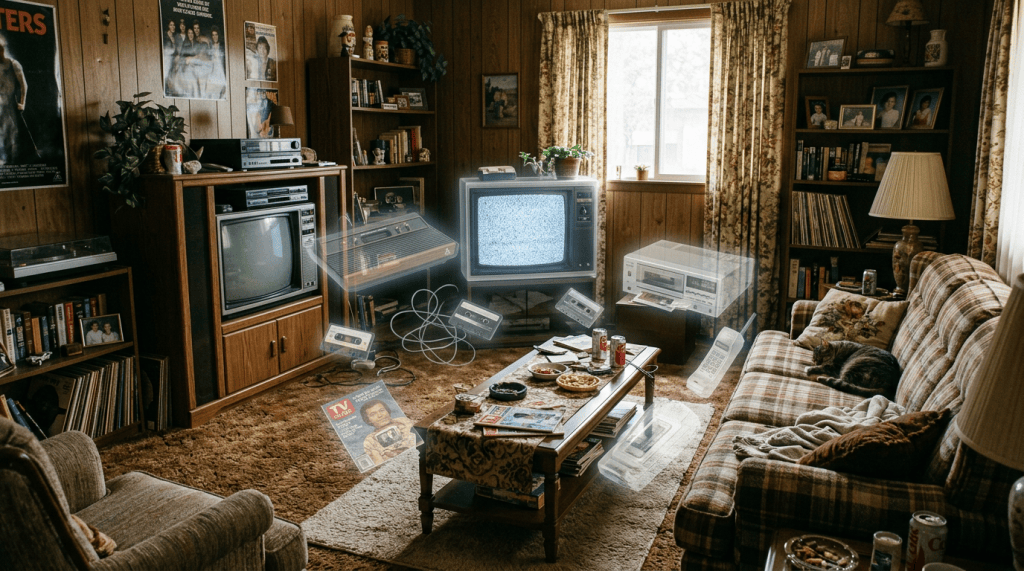 1980s living room with ghosted discarded objects