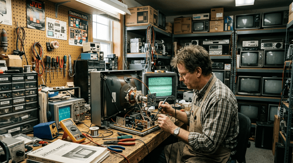 1980s electronics repair workshop with open CRT