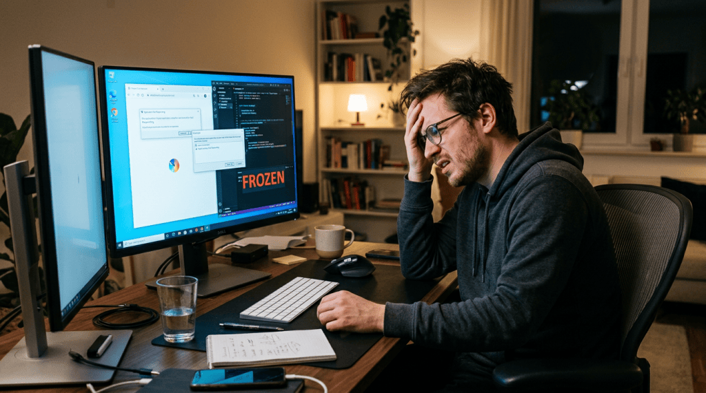 Modern desk with frozen computer screen, frustrated user