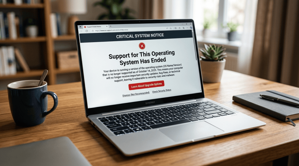 Modern laptop showing support ended notice page