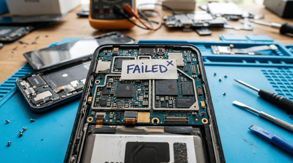 Opened modern smartphone board with FAILED annotation
