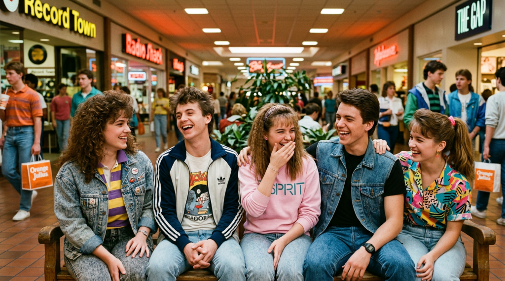 1980s mall friends laughing warm film grain