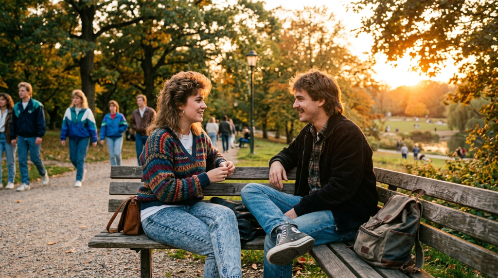 Two people talking in 1980s park sunset