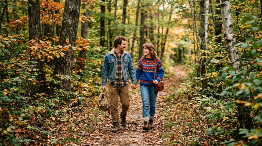 Couple walking hand in hand on a forest path surrounded by autumn foliage