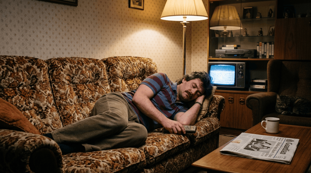 Man sleeping on floral couch holding remote, old television shows static, cat rests on armchair